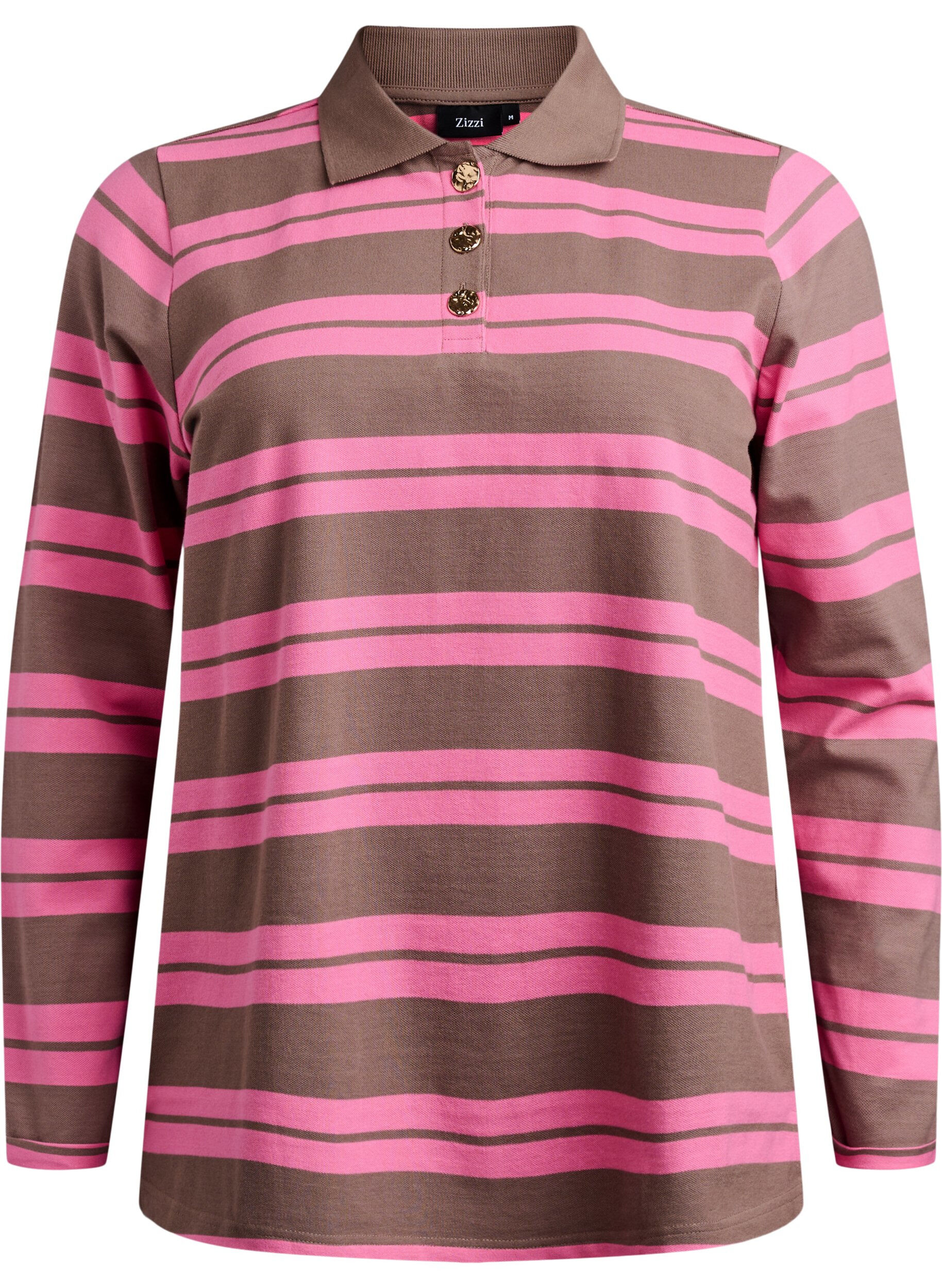 Zizzifashion Striped polo shirt with long sleeves, Pink, Packshot image number 0