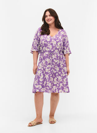 Dress with 1/2 sleeves and floral print in viscose, Purple Flower AOP, Model image number 2