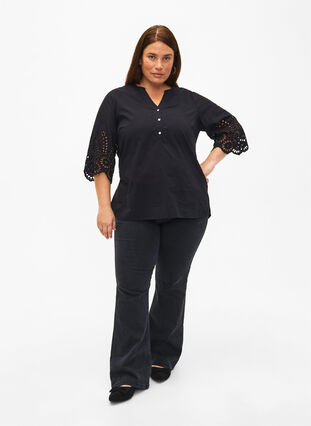 Shirt blouse with broderie anglaise and 3/4 sleeves, Black, Model image number 2