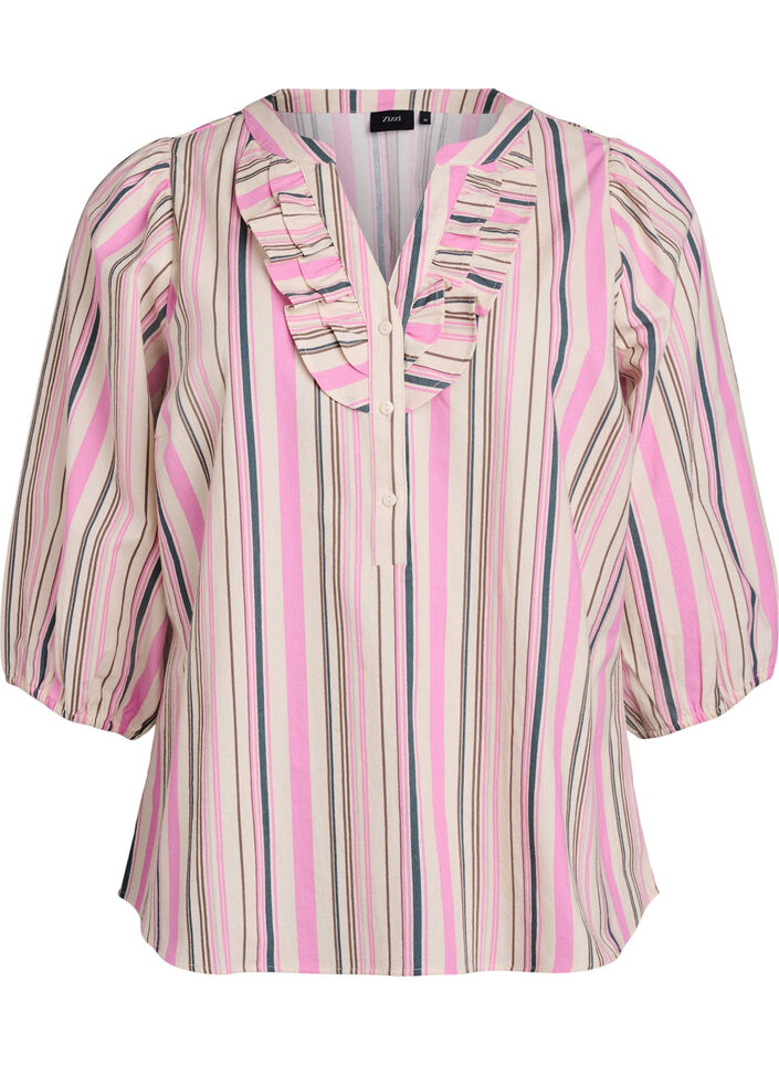 3/4 sleeve blouse in cotton with stripes, Vanilla, Packshot image number 0