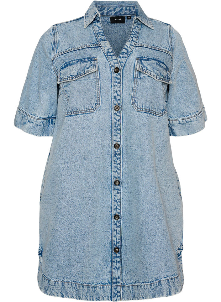 Short-sleeved denim dress with a collar and button fastening, Light Blue, Packshot image number 0