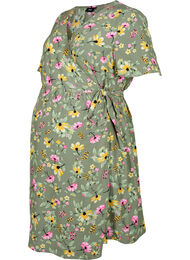 Pregnancy dress in viscose with wrap, Green Flower Print, Packshot