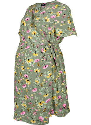 Pregnancy dress in viscose with wrap, Green Flower Print, Packshot image number 0
