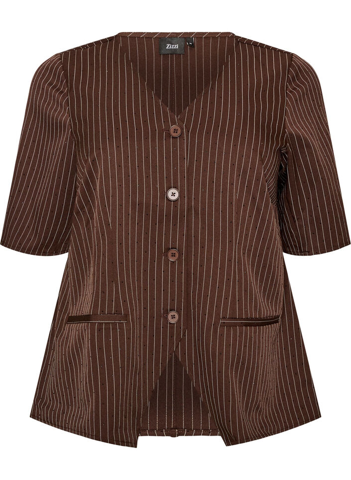 Pinstripe blouse with rhinestones and buttons, Brown, Packshot image number 0