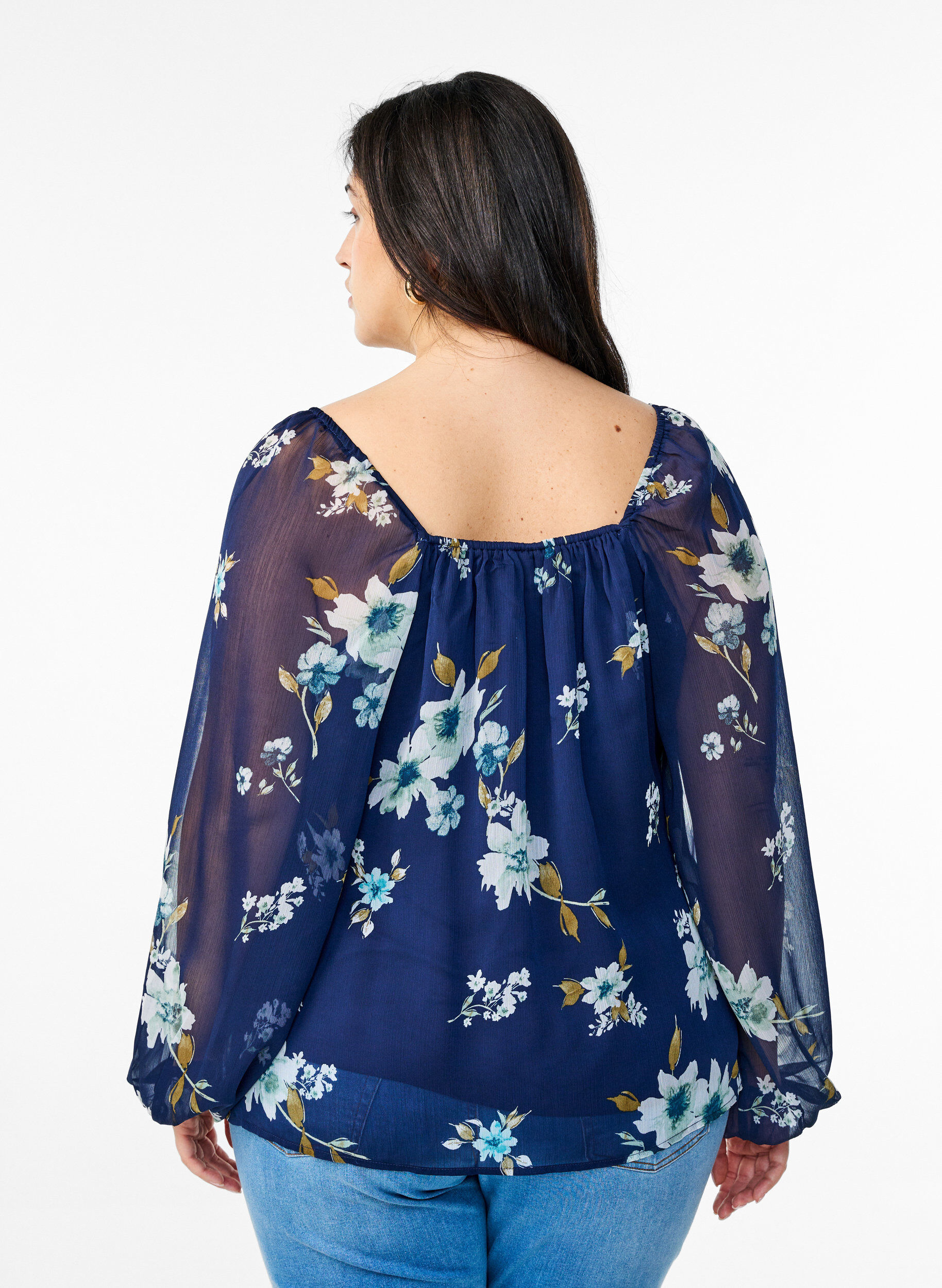 ZizzifashionChiffon blouse with floral print and long sleeves, Blue, Model image number 2