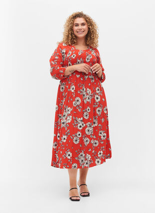 Floral viscose midi dress with smock, Fiery Red Flower AOP, Model image number 2