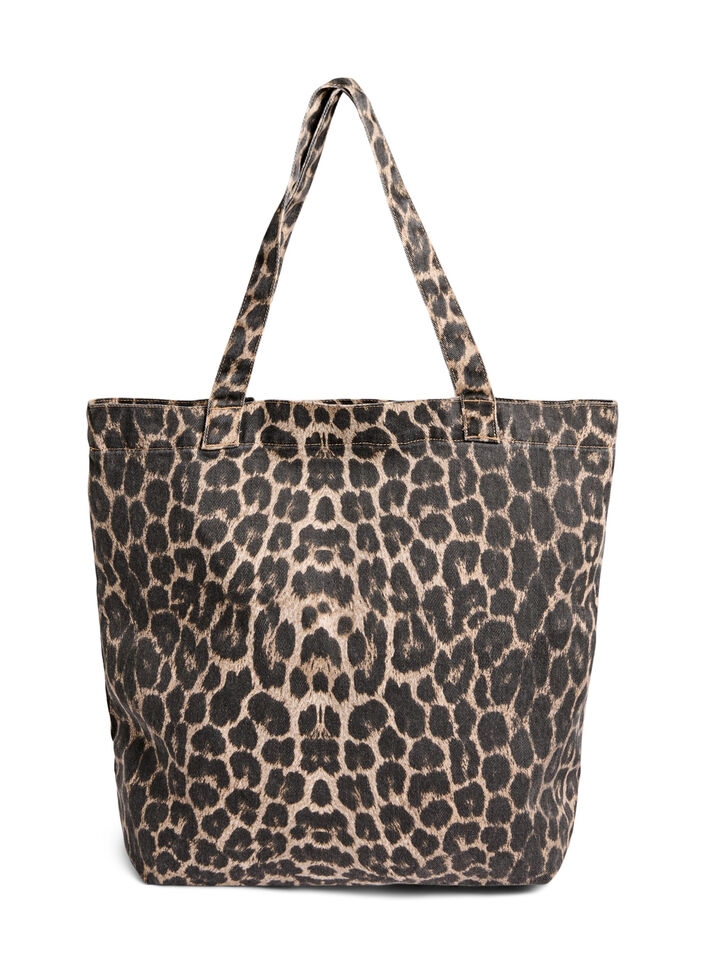 Denim shopping bag with leopard print, Brown, Packshot image number 0