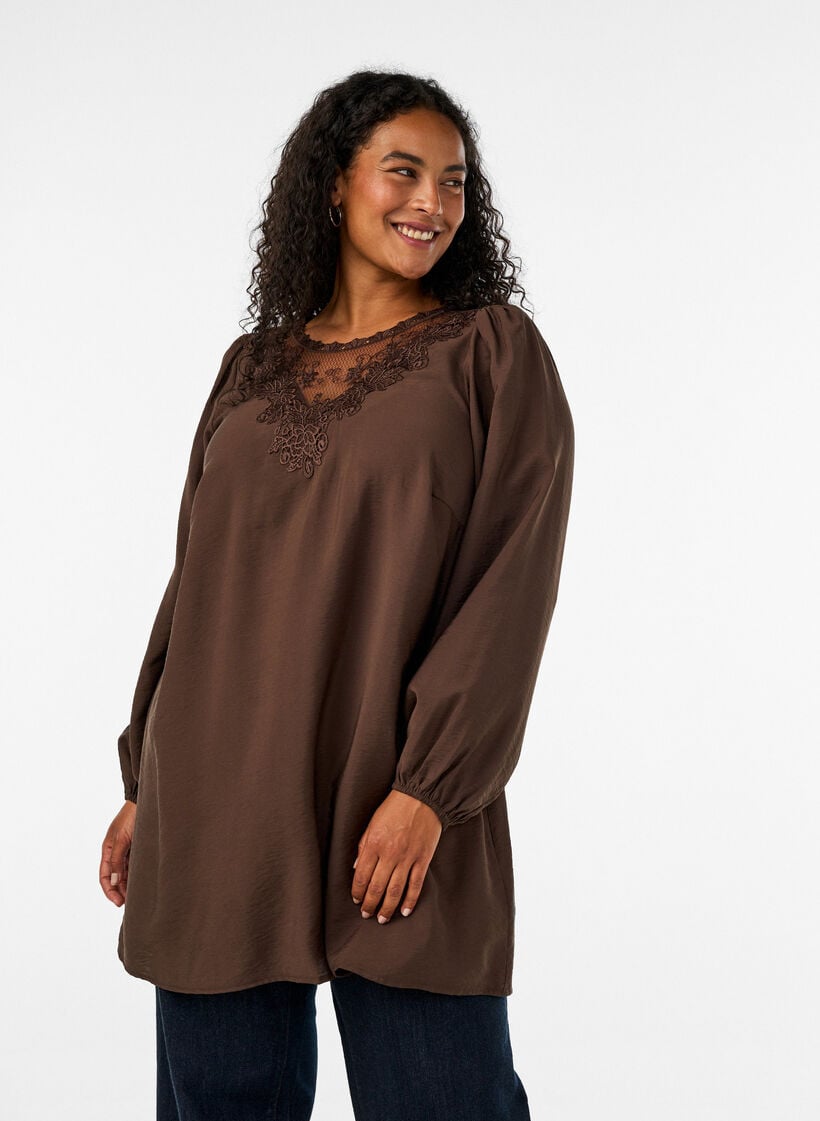 Tunic in viscose with lace detail, Brown, Model image number 0