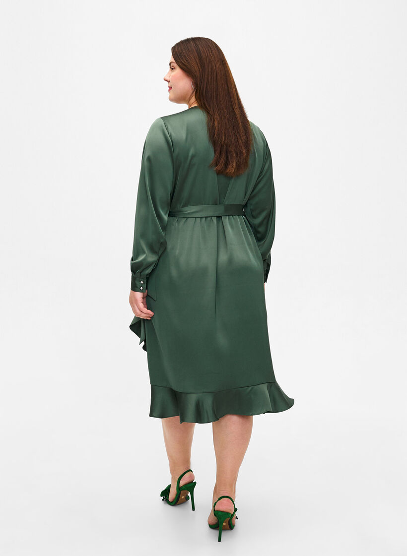 Long sleeve satin wrap dress, Duck Green, Model image number 1
