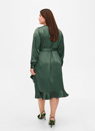 Long sleeve satin wrap dress, Duck Green, Model image number 1