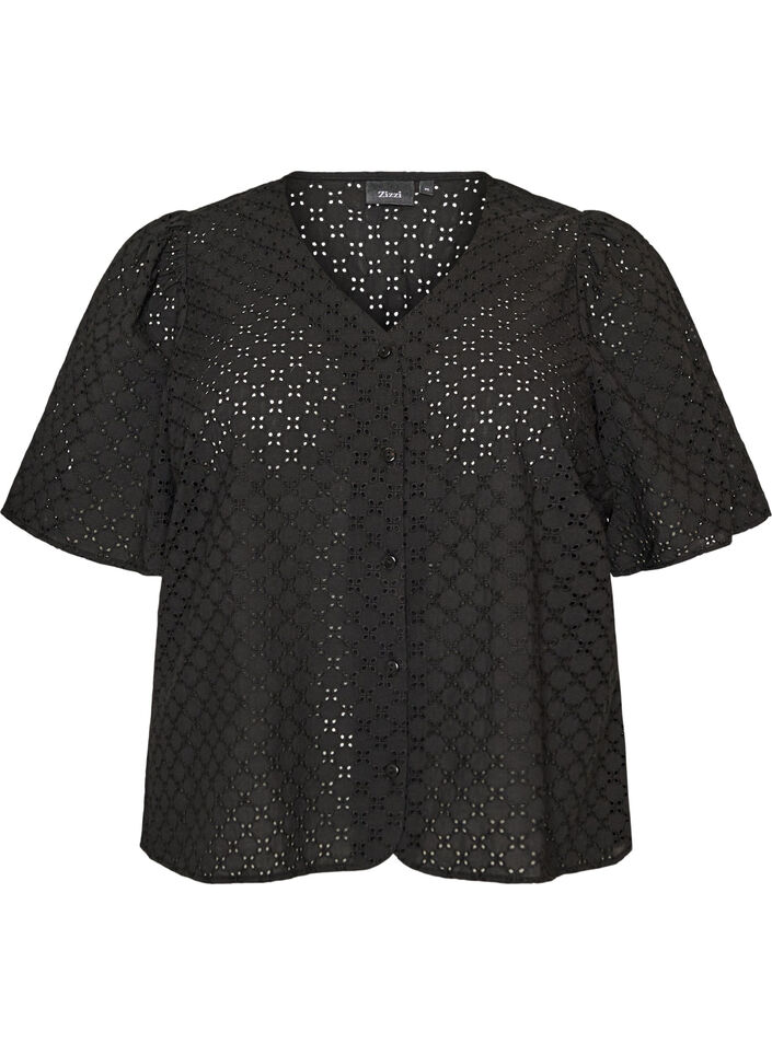 Blouse in broderie anglaise with button fastening, Black, Packshot image number 0
