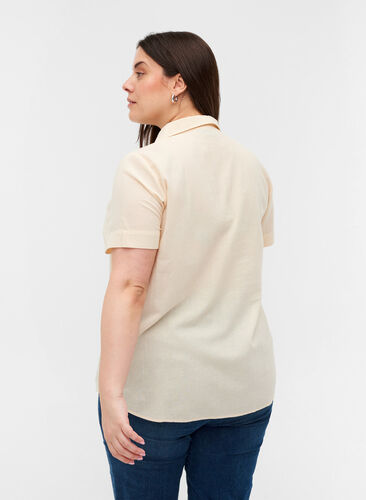 Short-sleeved cotton blouse with v-neck and collar, Mother Of Pearl, Model image number 1