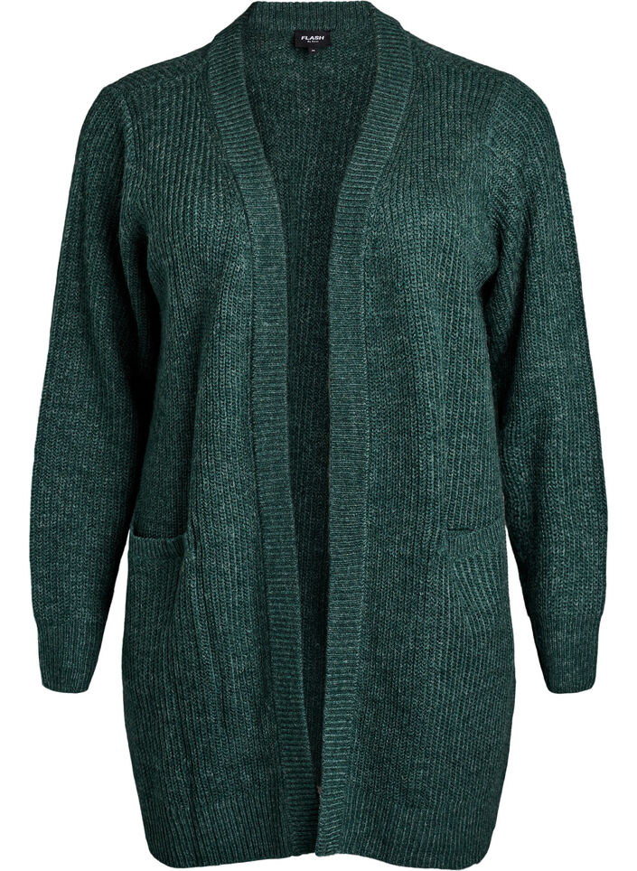 FLASH - Long rib knit cardigan with pockets, Green, Packshot image number 0