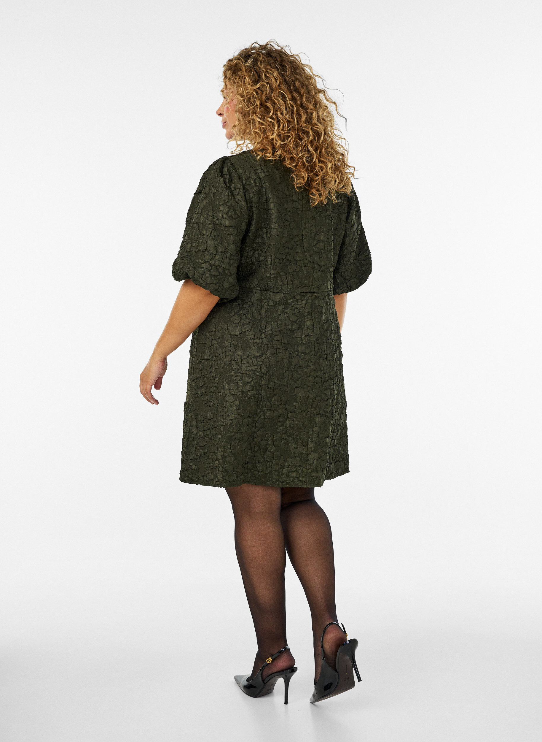 Jacquard dress with puff sleeves and A-line - Green - Sz. 40-64