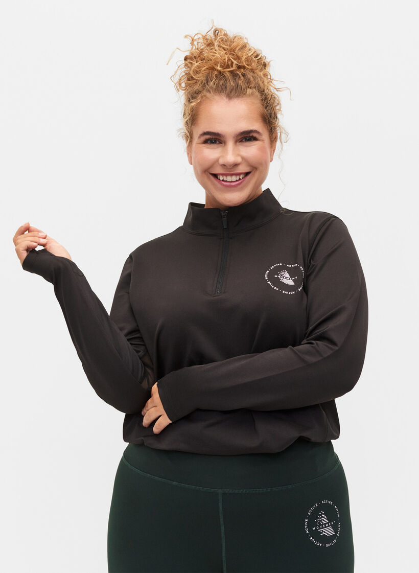High neck exercise top with zip, Black, Model image number 0