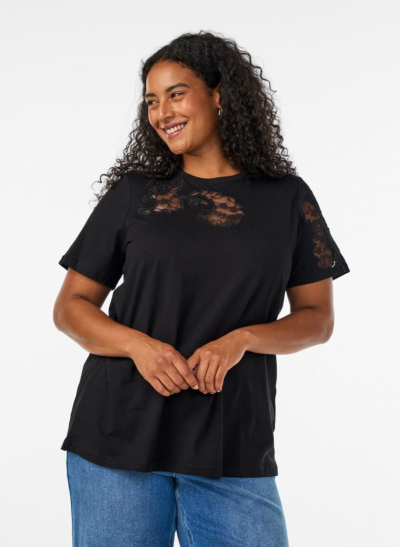 Cotton T-shirt with lace appliqu&eacute;s, Black, Model image number 0