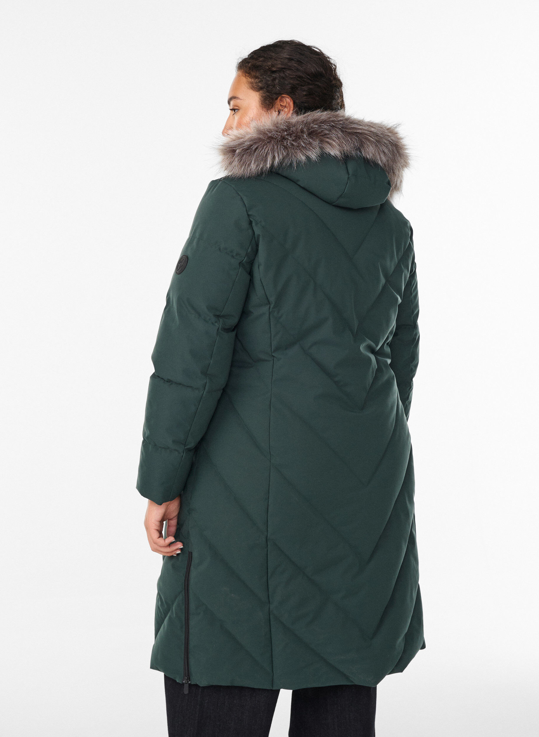 Zizzifashion Long winter coat with hook fastenings and a faux fur collar, Green, Model image number 2
