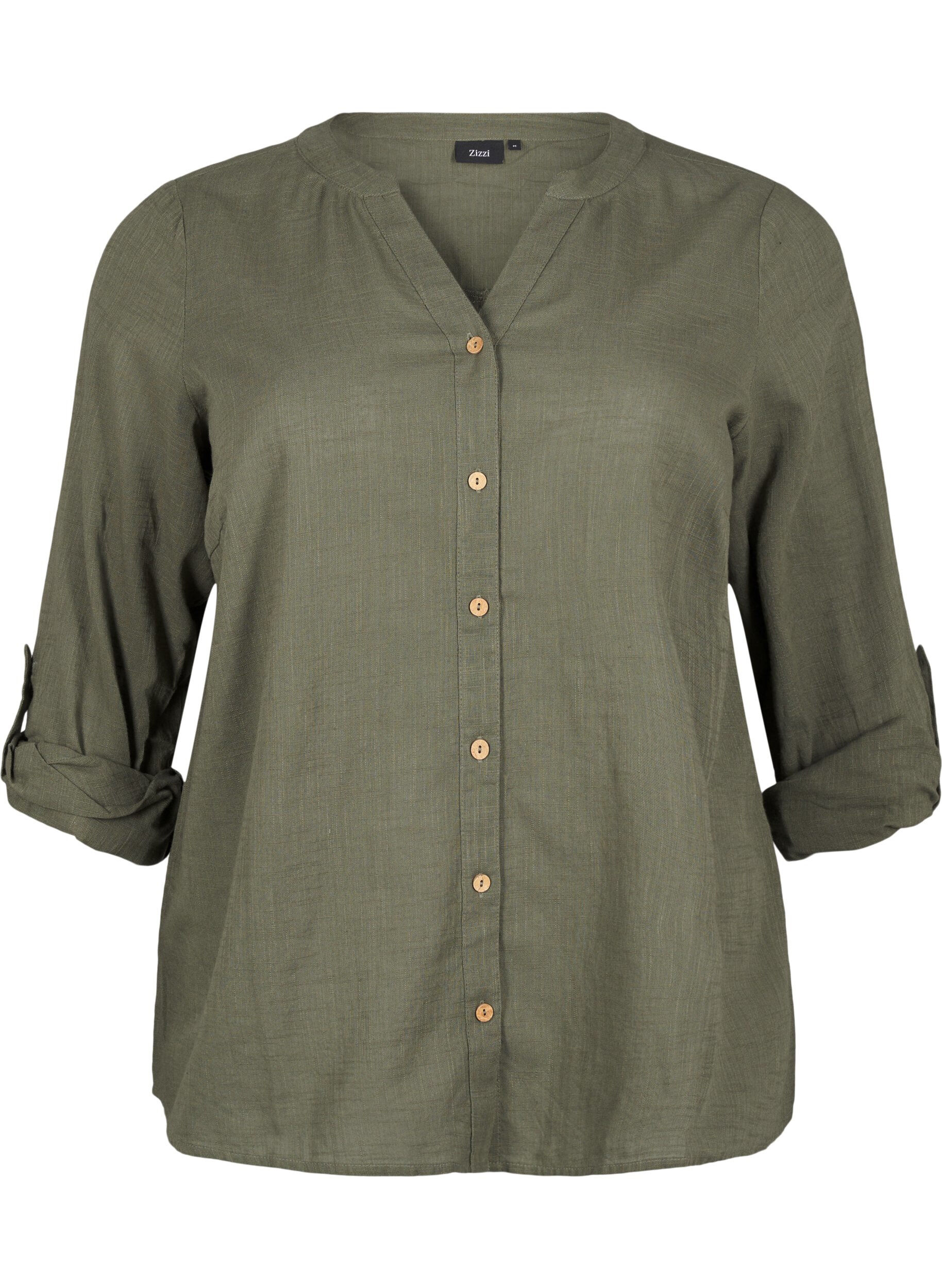 Zizzifashion Cotton shirt blouse with a v-neck, Green, Packshot image number 0