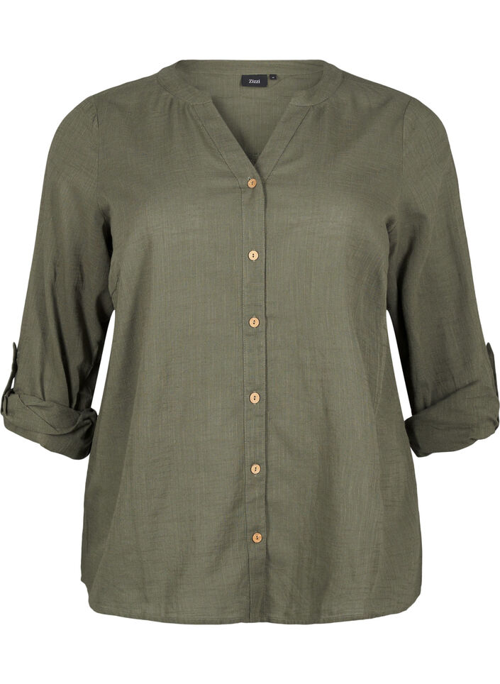 Cotton shirt blouse with a v-neck, Green, Packshot image number 0