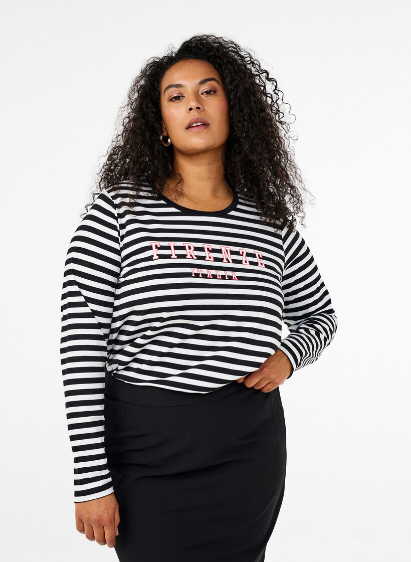 Striped blouse with motif, White w.Black Stripe, Model image number 0