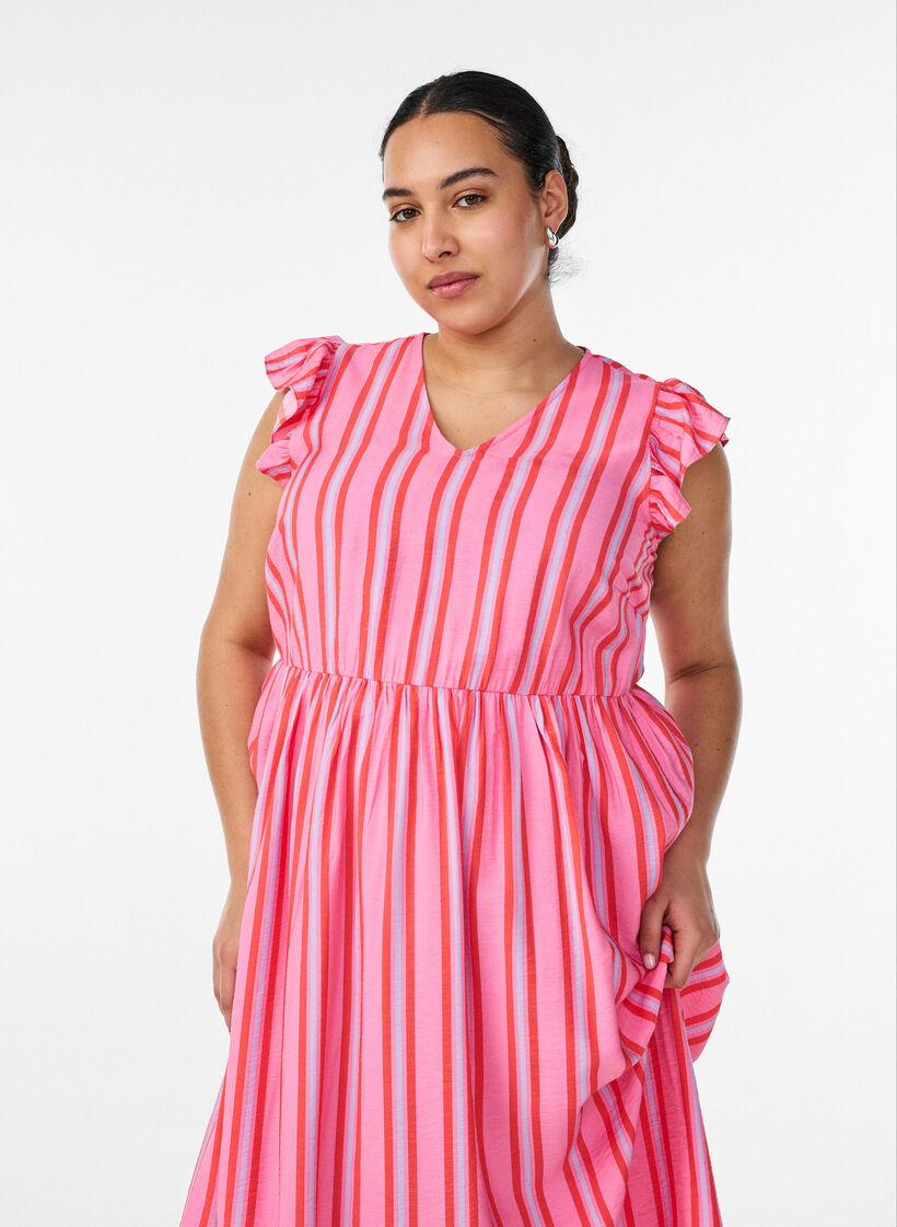 Striped midi dress with an empire cut and ruffles, Pink, Model image number 2