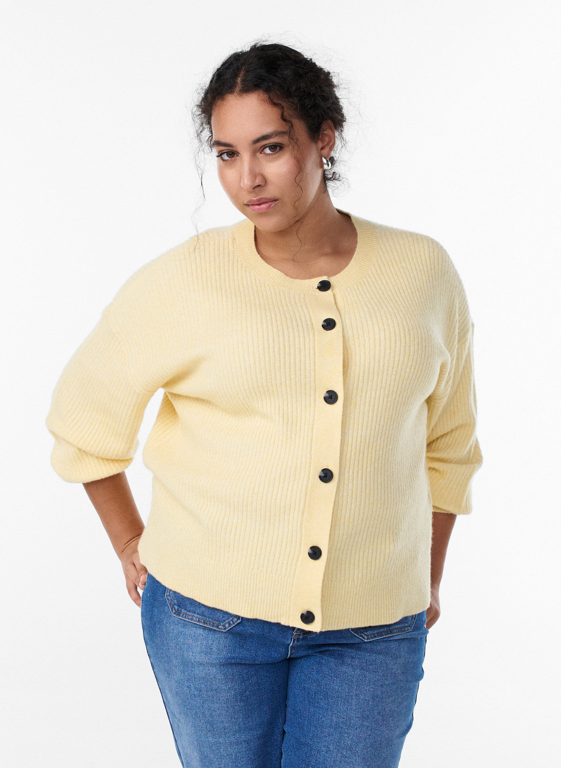 ZizzifashionRibbed cardigan with buttons, Yellow, Model image number 0