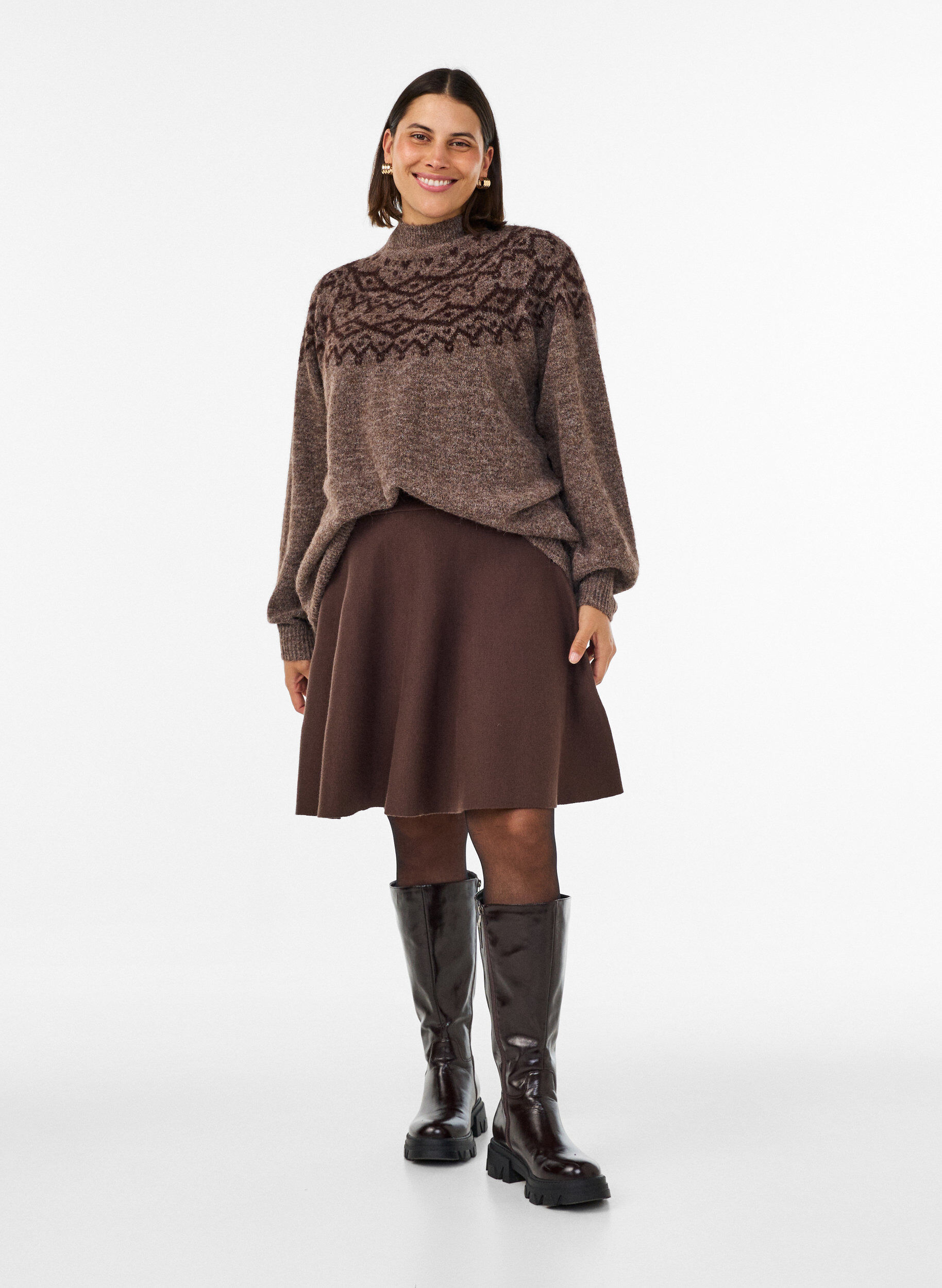 ZizzifashionShort knitted A-line skirt, Brown, Model image number 1