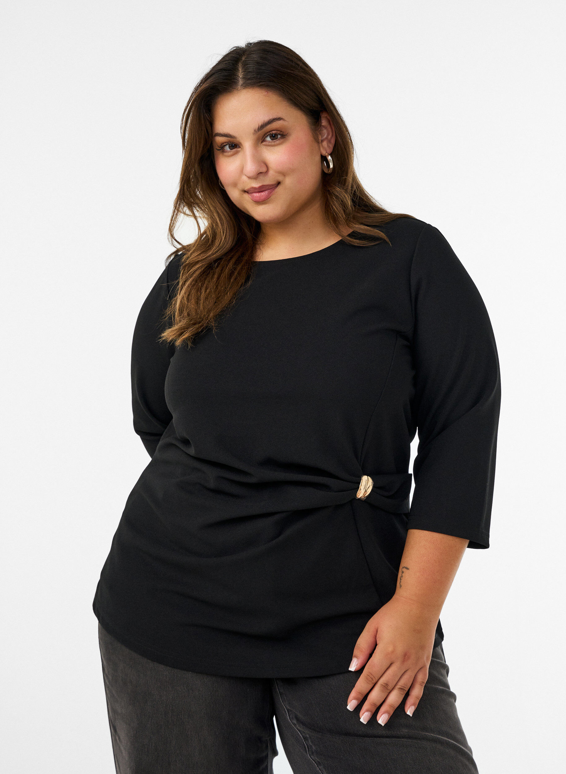 ZizzifashionBlouse with asymmetric draping and 3/4 sleeves, Black, Model image number 0