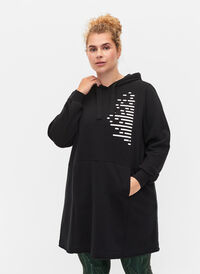 Long sweatshirt with hood and pockets, Black, Model