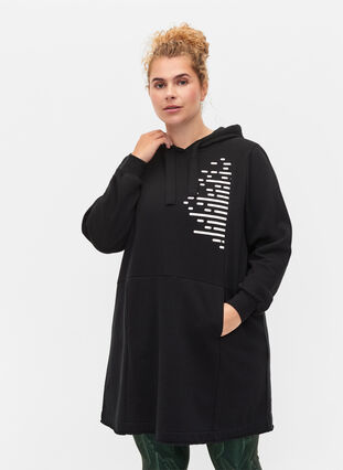 Long sweatshirt with hood and pockets, Black, Model image number 0