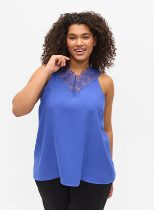 Sleeveless top with v-neck and lace, Dazzling Blue, Model image number 0