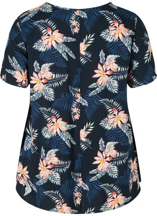 Viscose blouse with print and short sleeves, Blue Flower Leaf AOP, Packshot image number 1