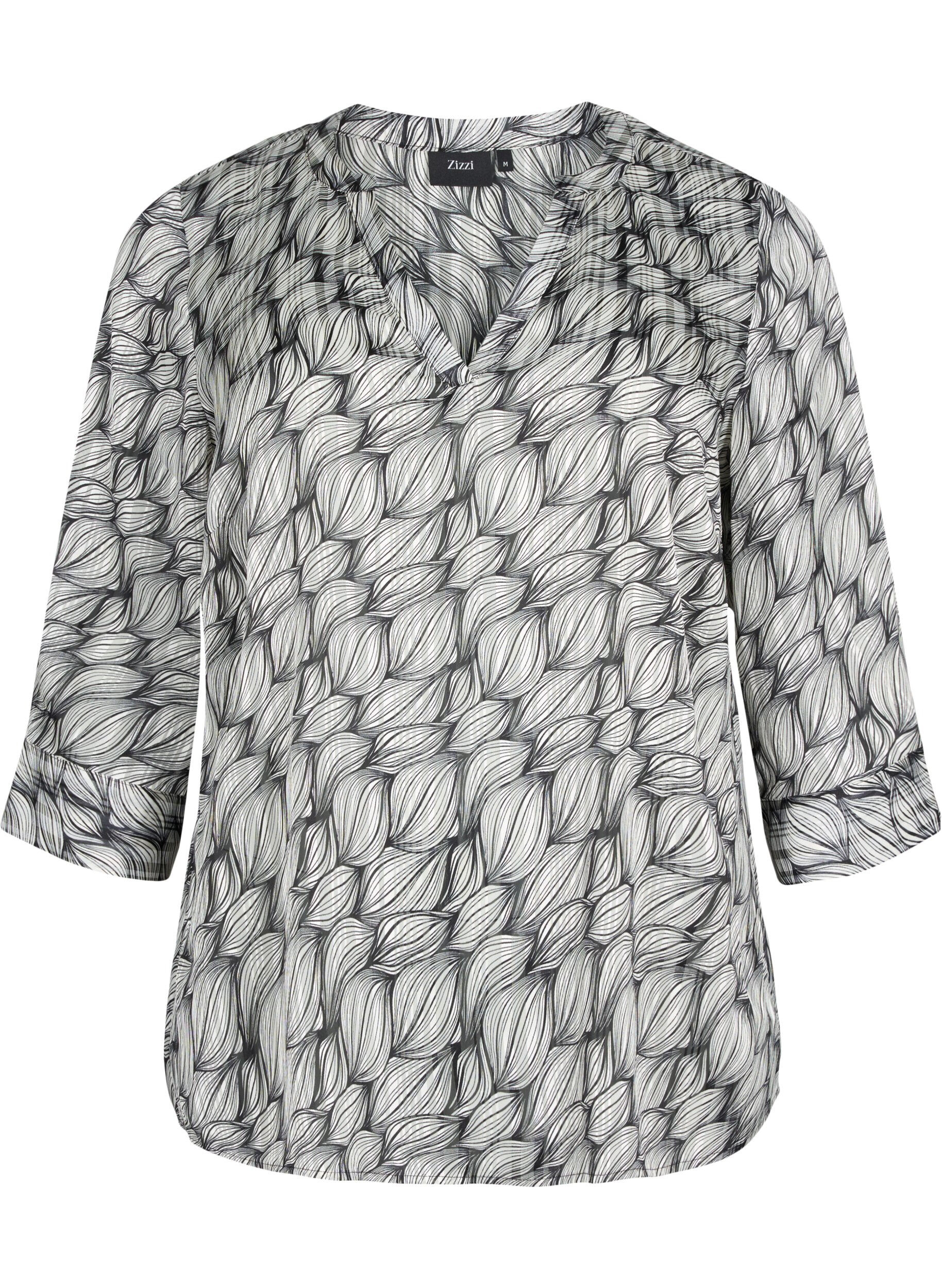 Zizzifashion Printed blouse with 3/4 sleeves, Black White Leaf, Packshot image number 0