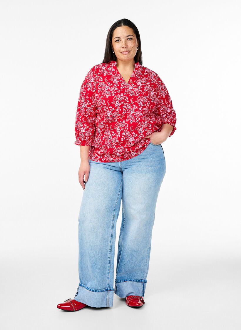 Cotton blouse with floral print, Red, Model image number 1