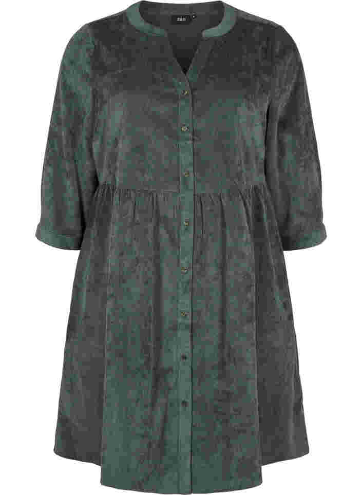 Velvet dress with 3/4-length sleeves and buttons, Deep Forest, Packshot image number 0