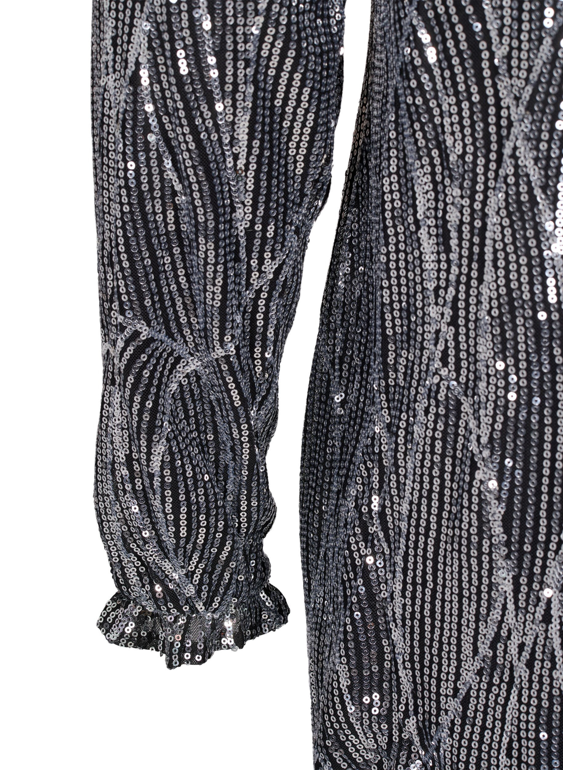 Zizzifashion Long-sleeved sequin dress with pattern, Silver Sequins, Packshot image number 3