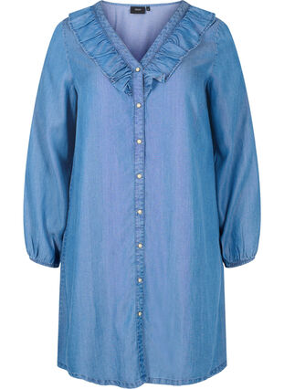 Denim dress with v-neckline and ruffles, Blue denim, Packshot image number 0