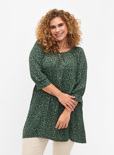 Tunic in viscose with print and 3/4 sleeves, Green AOP, Model image number 0