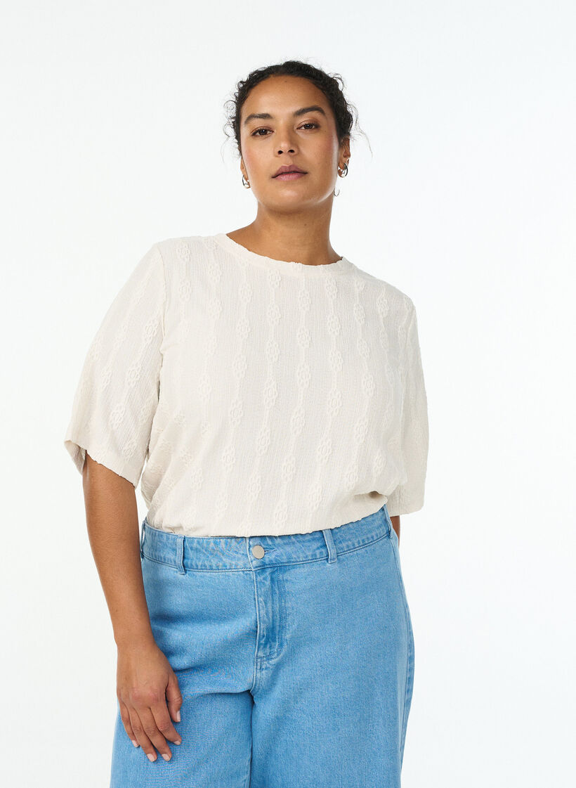 Blouse with a textured pattern and short sleeves, Beige, Model image number 0