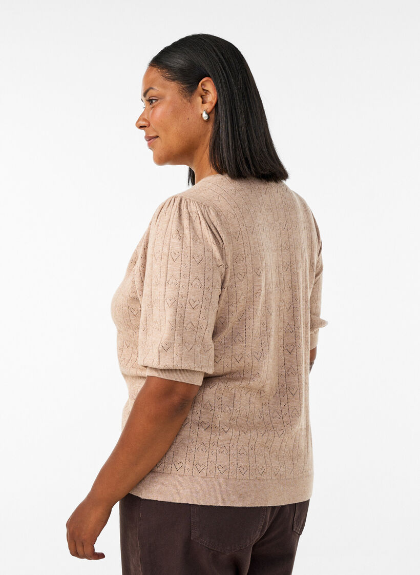 Short-sleeved knit blouse with a pointelle pattern, Beige, Model image number 2