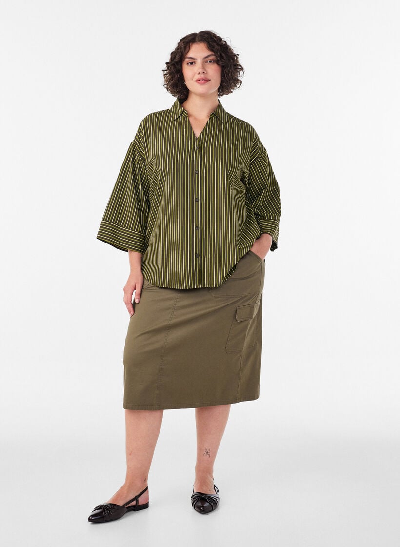 Loose striped shirt with 3/4 sleeves, Green, Model image number 1