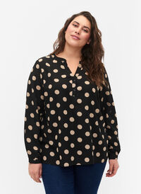 FLASH - Long sleeve blouse with print, Black Brown Dot, Model