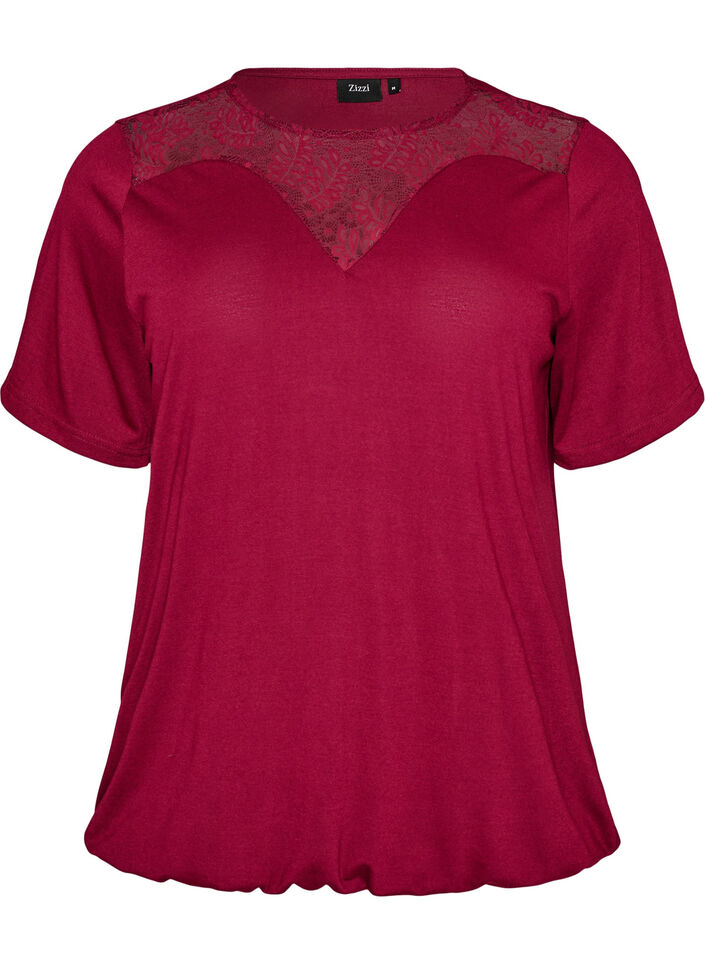 Blouse with lace insert and balloon sleeves, Red, Packshot image number 0
