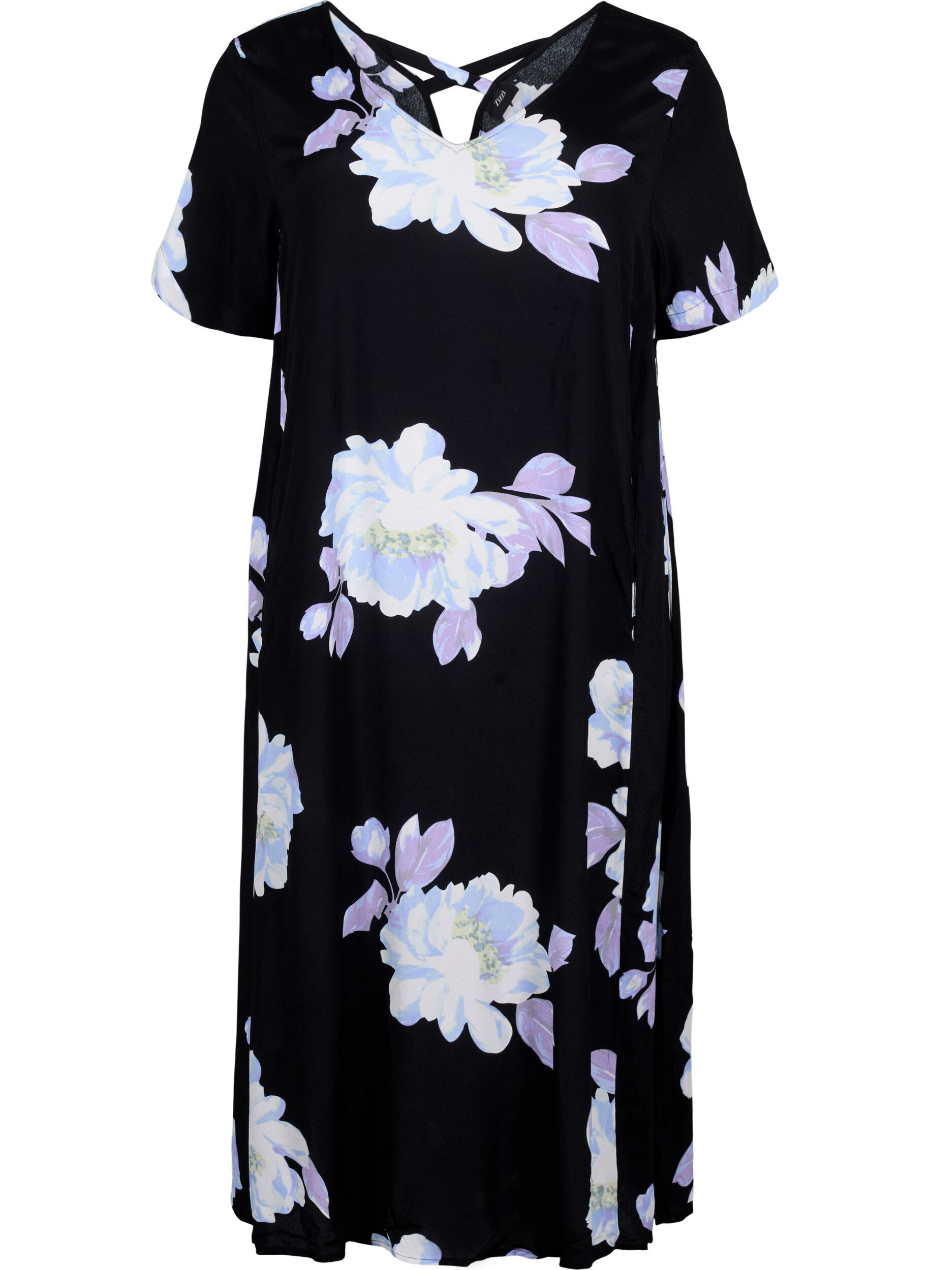 Zizzifashion Floral viscose dress with short sleeves, Black Big Flower AOP, Packshot image number 0