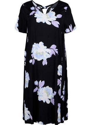 Floral viscose dress with short sleeves, Black Big Flower AOP, Packshot image number 0