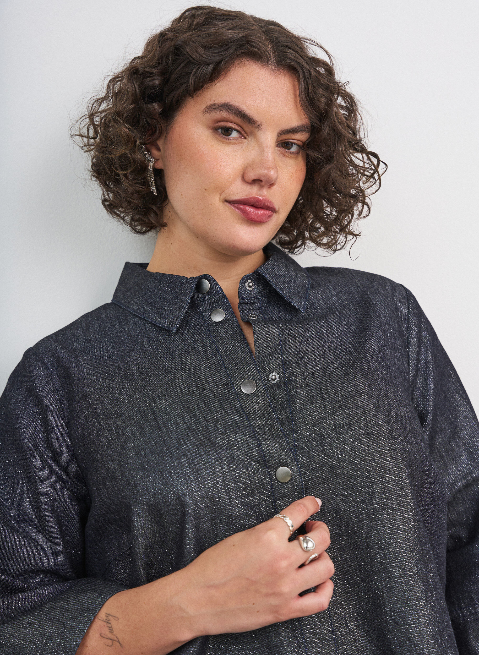 ZizzifashionDenim shirt with glitter thread and 3/4 sleeves, Dark Grey, Model image number 3