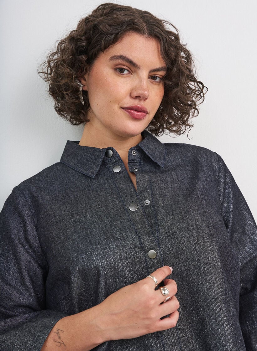 Denim shirt with glitter thread and 3/4 sleeves, Dark Grey, Model image number 3