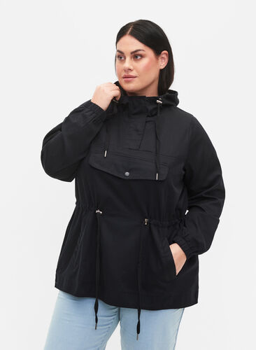 Anorak with hood and pocket, Black, Model image number 0