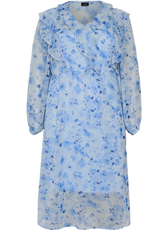 Floral chiffon dress with ruffles and long sleeves, Blue, Packshot image number 0
