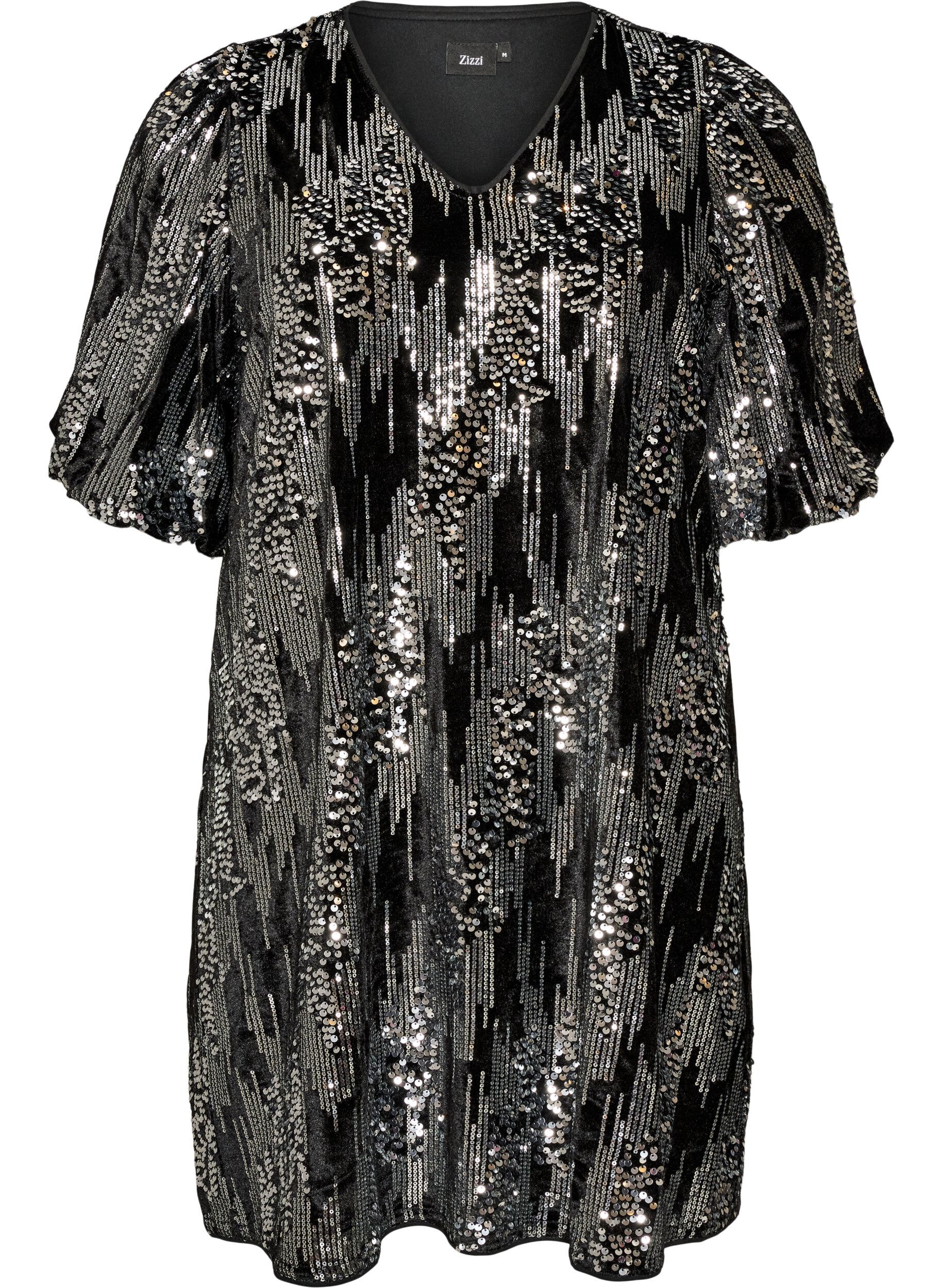 ZizzifashionShort sequin dress with balloon sleeves, Black, Packshot image number 0